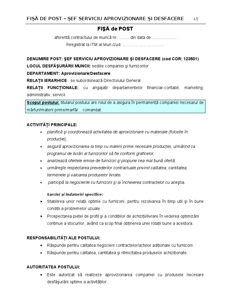 FisÄƒ De Post Sef Aprovizionare
