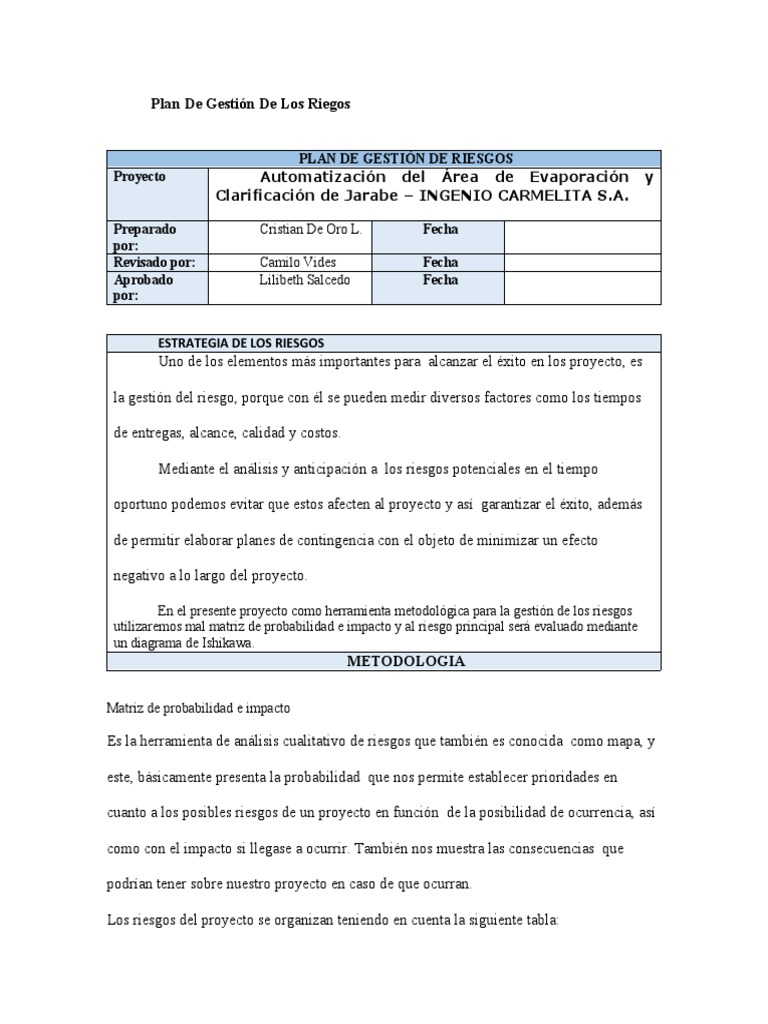 Plan de Gestion de Los Riesgos | PDF | Riesgo | Probabilidad