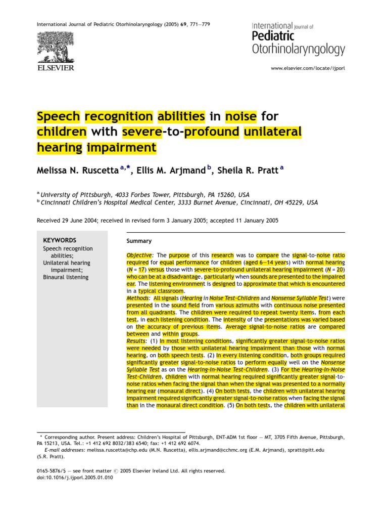 Speech Recognition Abilities in Noise For Children With Severe To ...