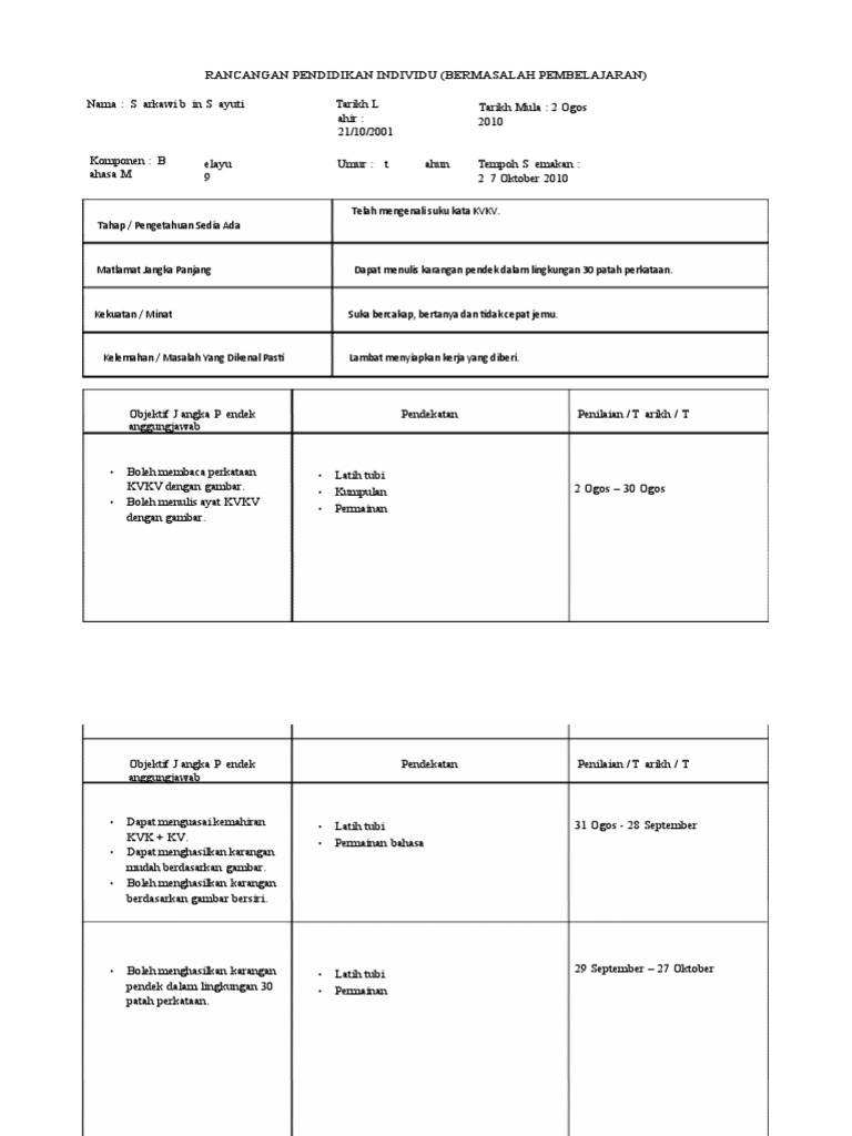 Rancangan Pendidikan Individu KVKV | PDF | Seni & Disiplin Bahasa ...