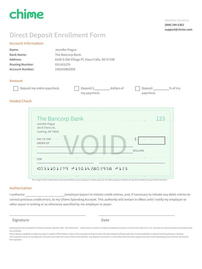 Direct Deposit Enrollment Form The Bancorp Bank 123 PDF Paycheck