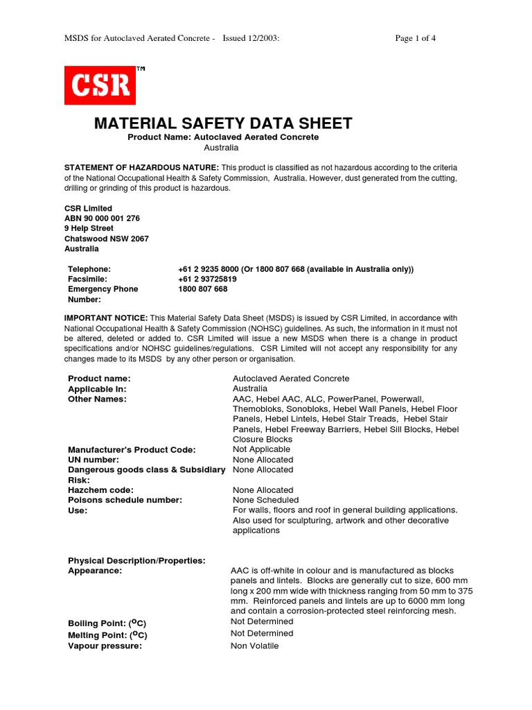 MSDS for Autoclaved Aerated Concrete | PDF | Dust | Silicon Dioxide