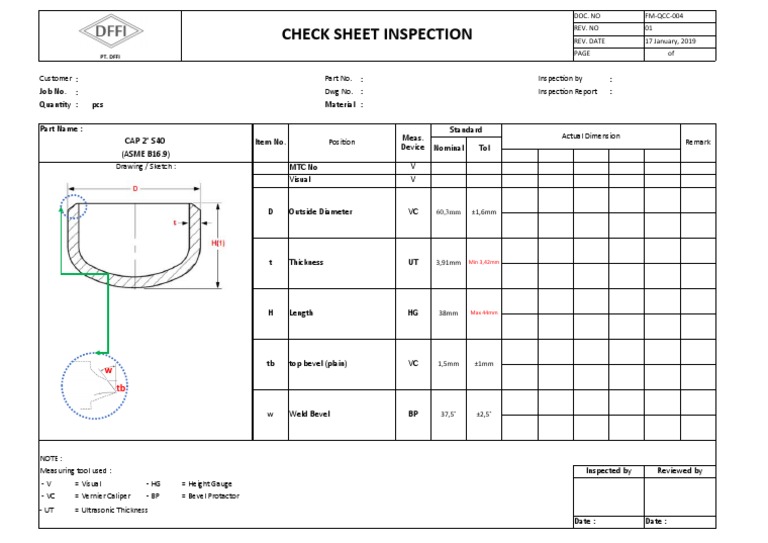 Check Sheet Inspection: Customer Part No. Inspection by DWG No ...
