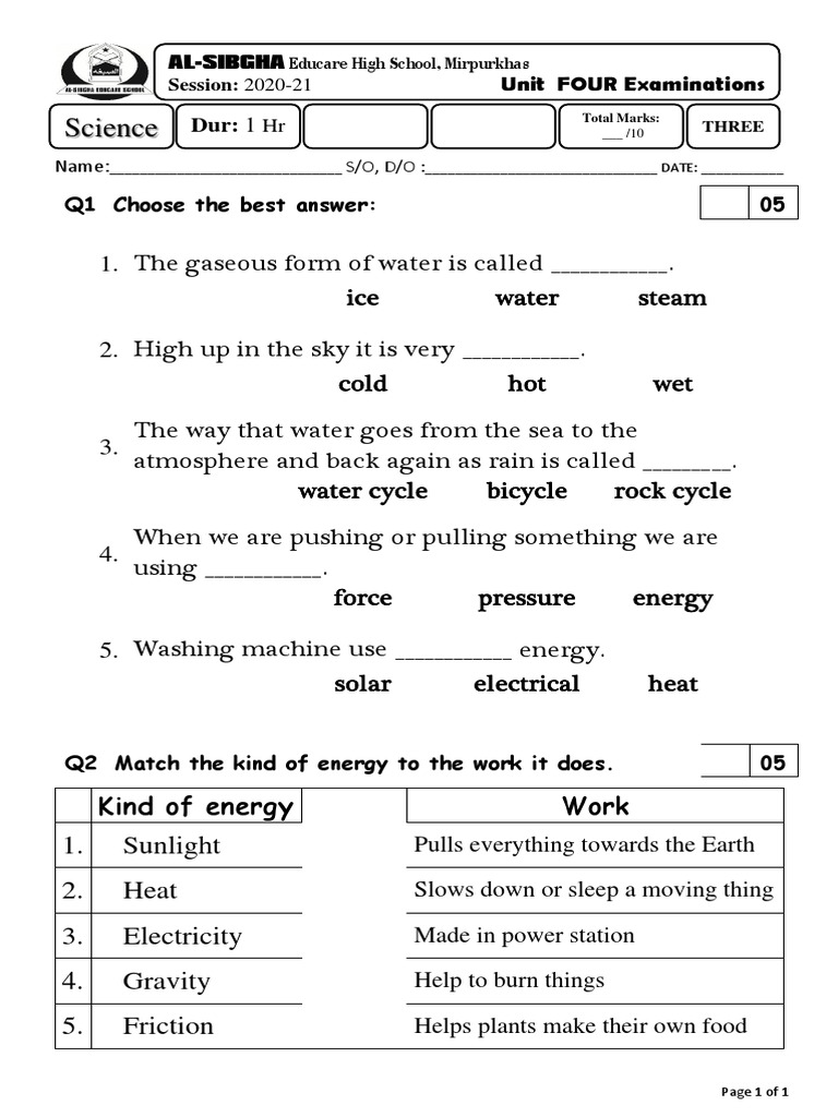 Science Exam: Energy and Water Cycle | PDF
