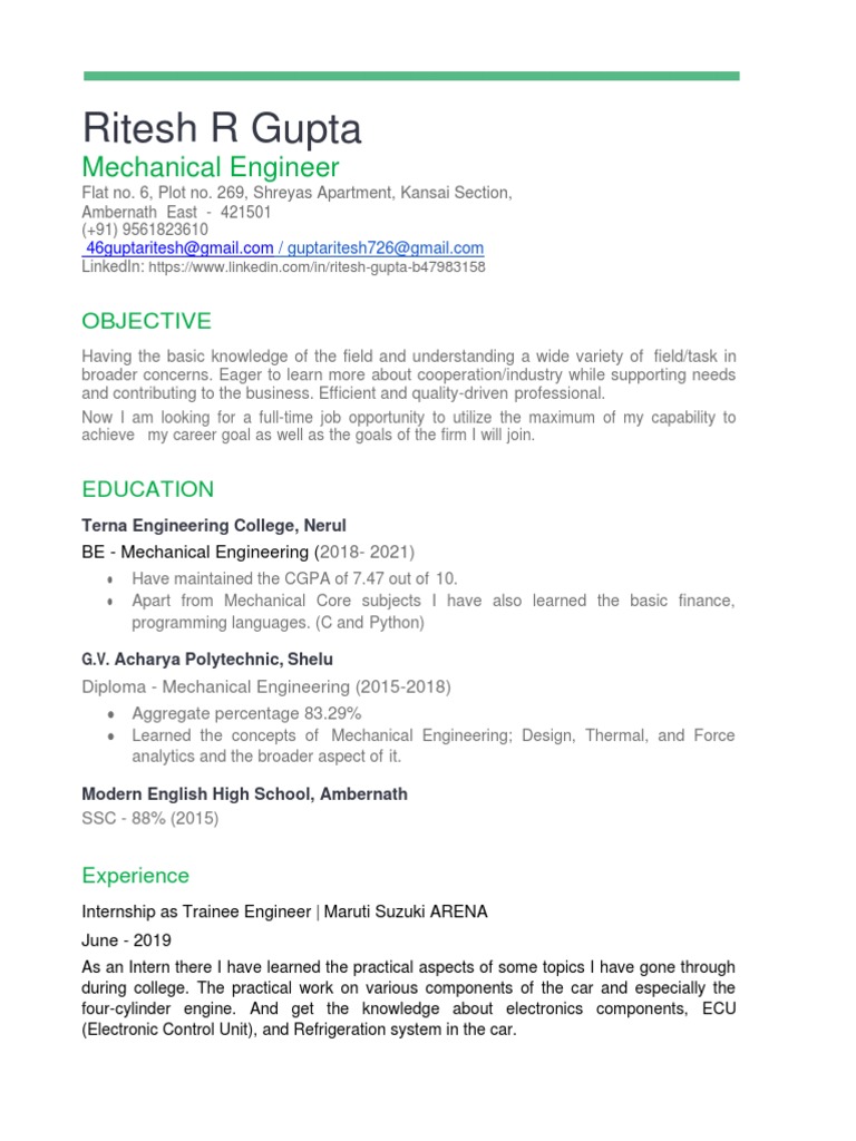 RG Resume | PDF | Mechanical Engineering | Engineering