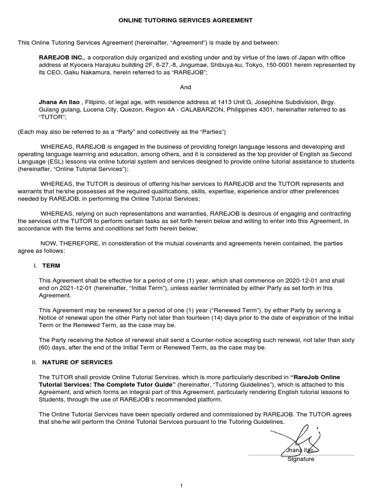 Tutor Agreement | PDF | Customer | Civil Law (Legal System)