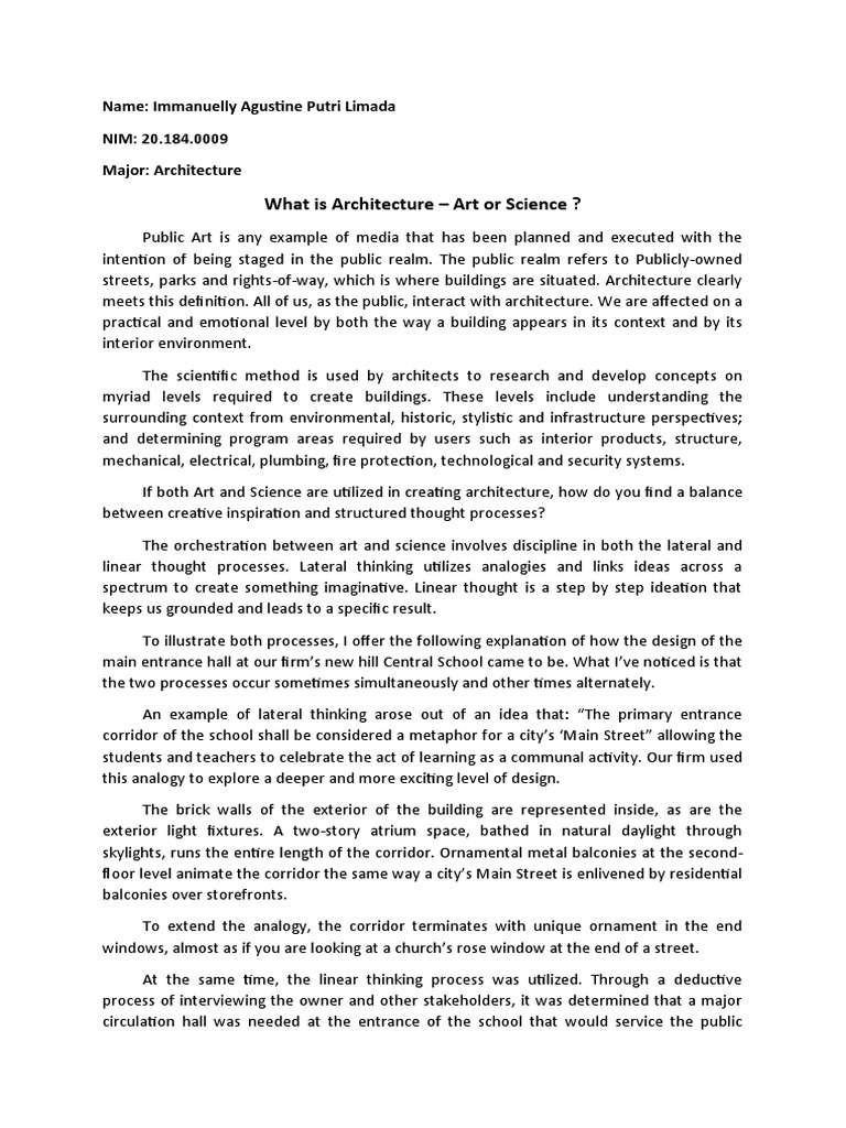 What Is Architecture Art or Science ? Name Immanuelly Agustine