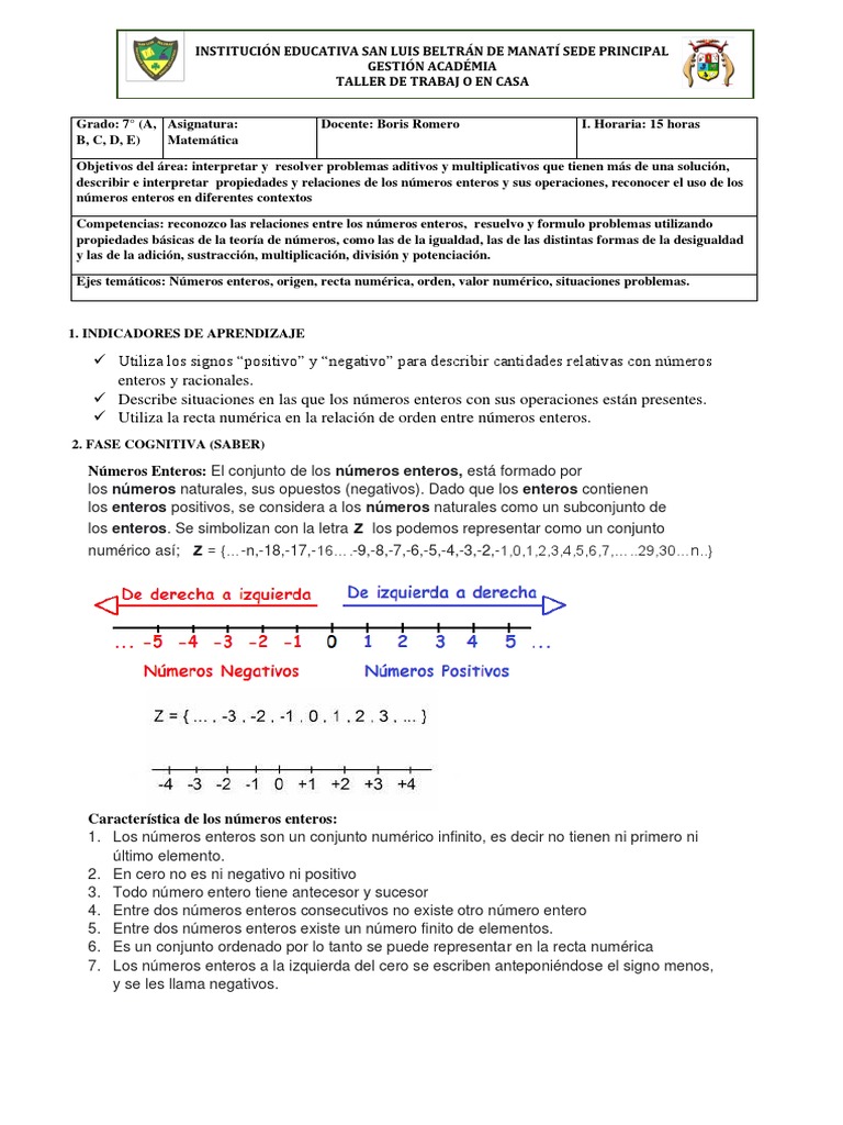 Taller 7 Grado | PDF | Entero | Conjunto (Matemáticas)