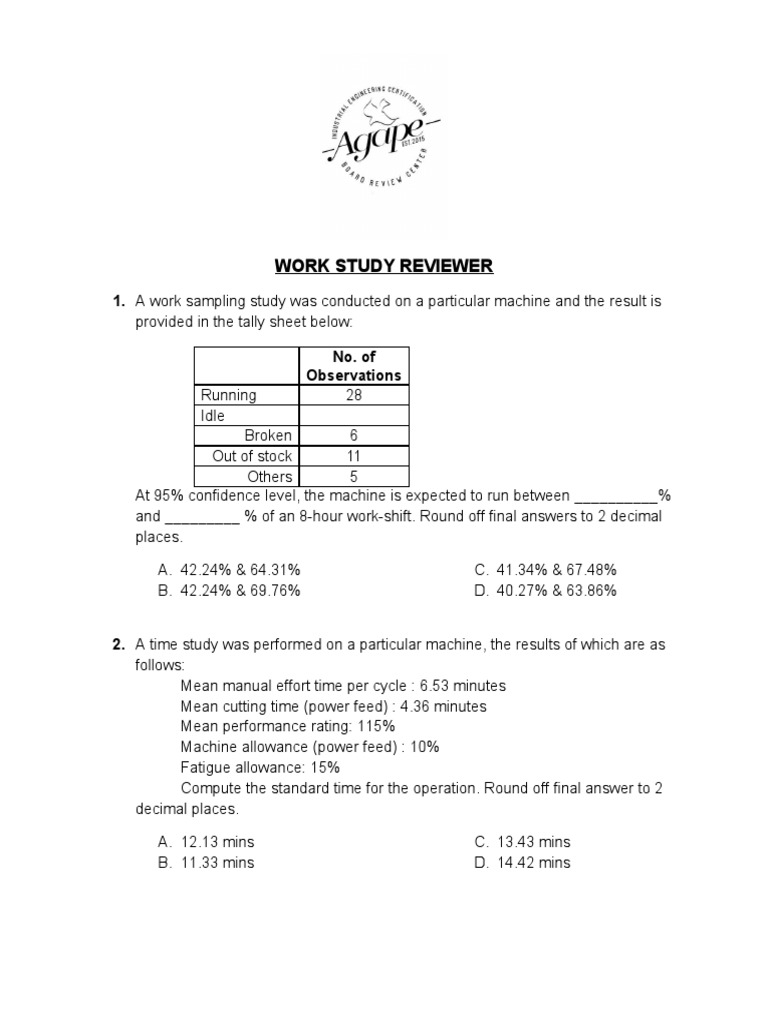 Work Study Reviewer: 1. A Work Sampling Study Was Conducted On A ...