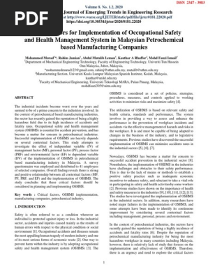 Critical Factors for Implementation of Occupational Safety and Health management System in Malaysian Petrochemical based Manufacturing Companies