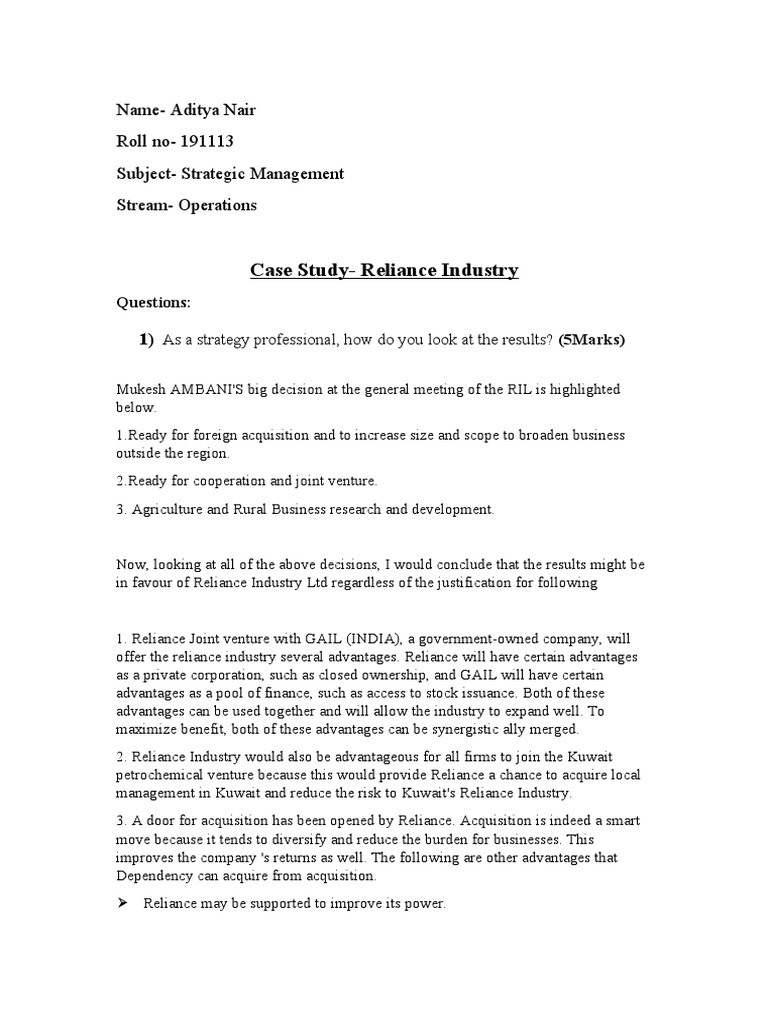Reliance Case Study | PDF | Mergers And Acquisitions | Economies