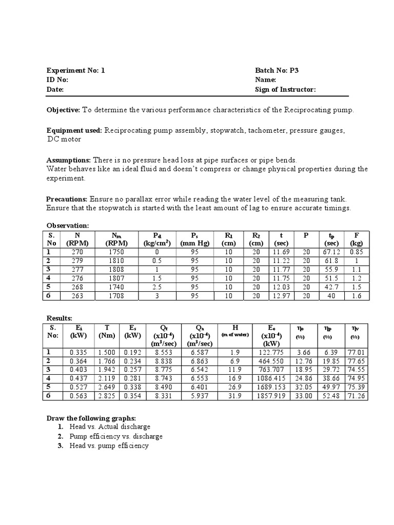 Reciprocating Pump Lab Experiment PDF Fluid Mechanics Chemical
