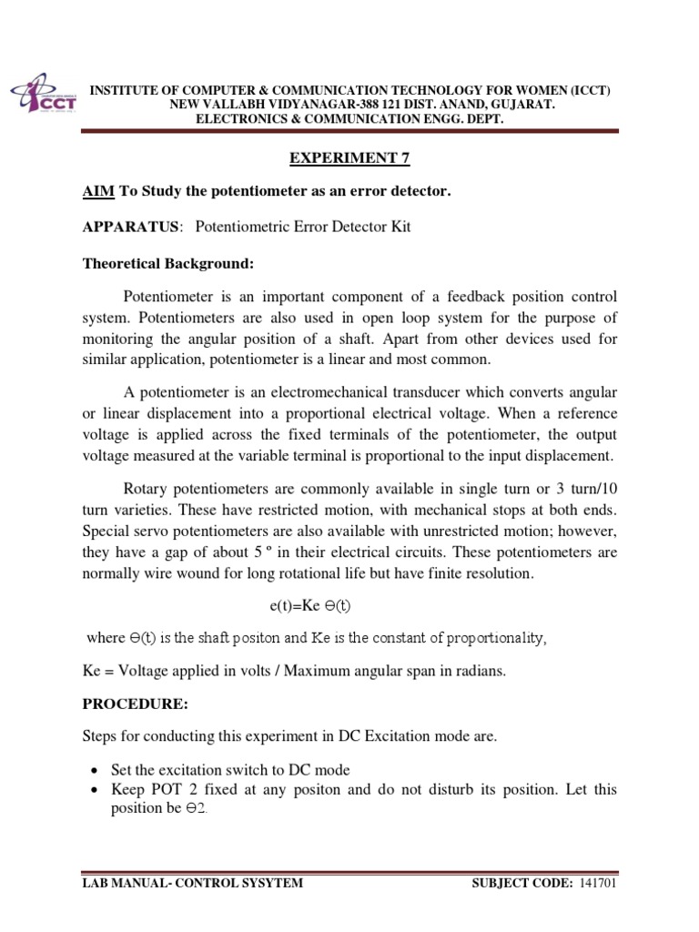 Experiment 7 AIM To Study The Potentiometer As An Error Detector