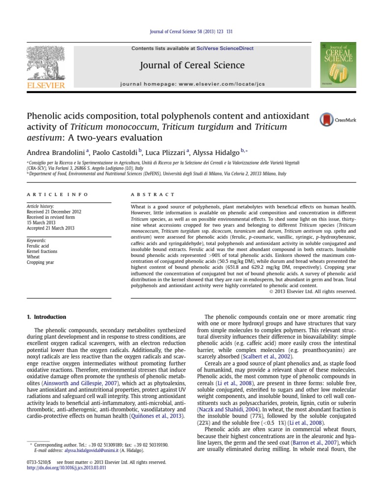 Journal of Cereal Science: Andrea Brandolini, Paolo Castoldi, Luca  Plizzari, Alyssa Hidalgo | PDF | Polyphenol | Wheat