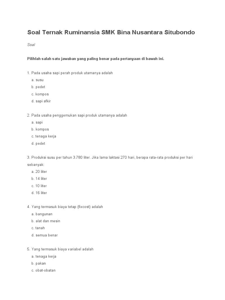Soal Ternak Ruminansia dan Ayam | PDF | Memasak, Makanan, & Anggur
