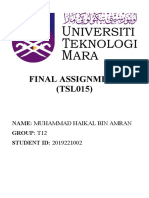 Final Assignment (TSL015) : Name: Muhammad Haikal Bin Amran Group: T12 STUDENT ID: 2019221002