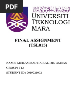 Final Assignment (TSL015) : Name: Muhammad Haikal Bin Amran Group: T12 STUDENT ID: 2019221002