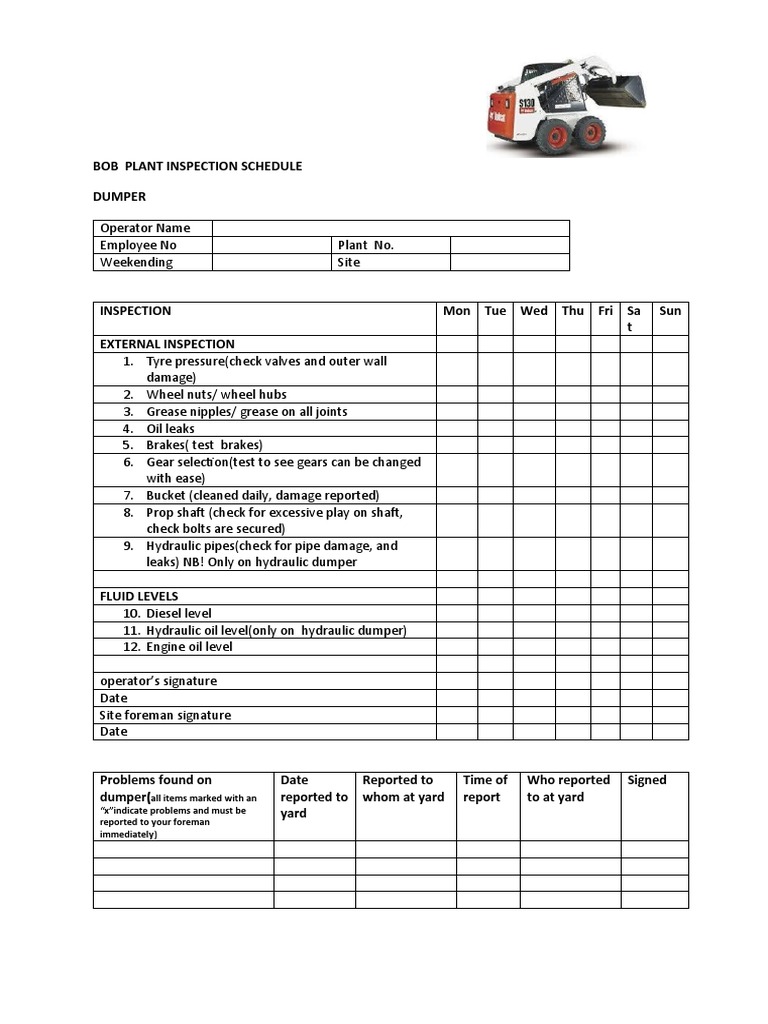 Bob Plant Inspection Schedule Dumper | PDF