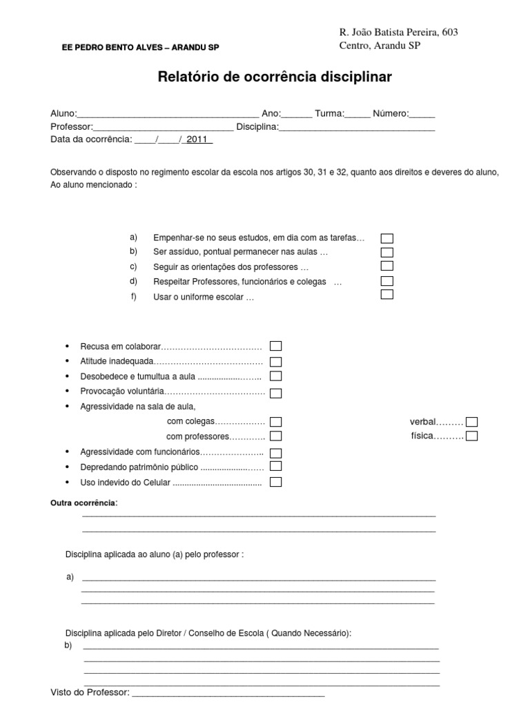 Ficha de Ocorrencia Disciplinar | PDF | Escolas | Estudantes