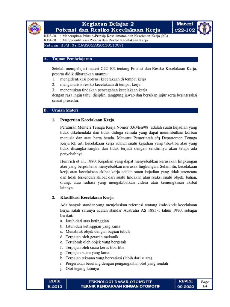 Potensi Dan Resiko Kecelakaan Kerja Pdf