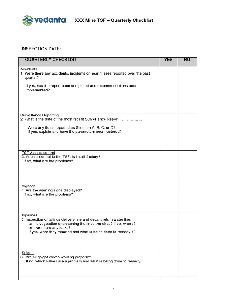 TSF Quarterly Inspection Checklist | PDF | Hydrology | Water