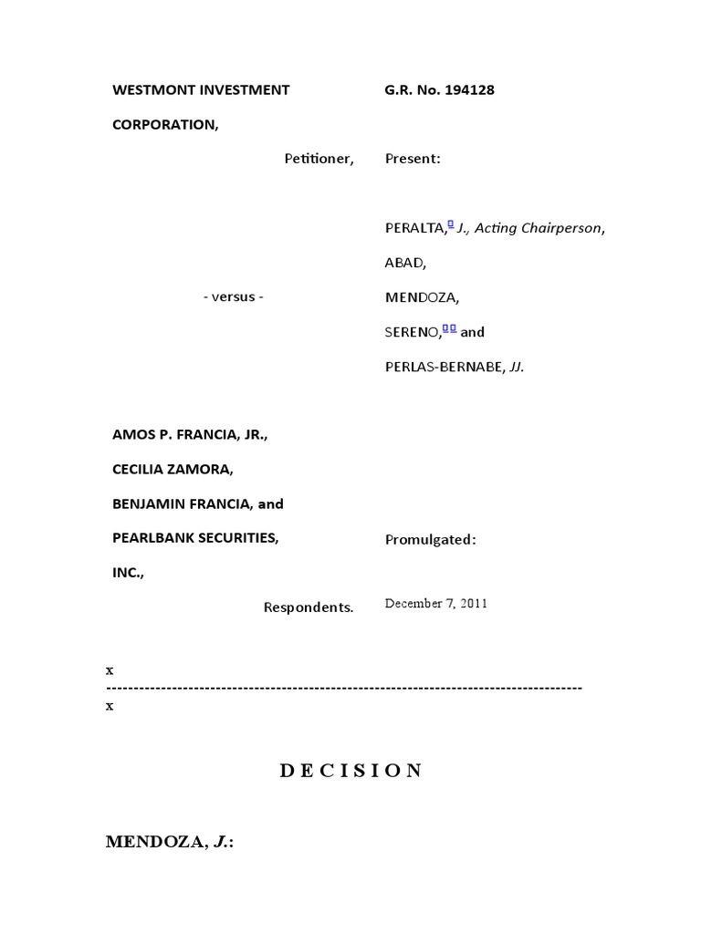 Westmont Investment V Amos Francia 661 SCRA 787 PDF Law Of Agency