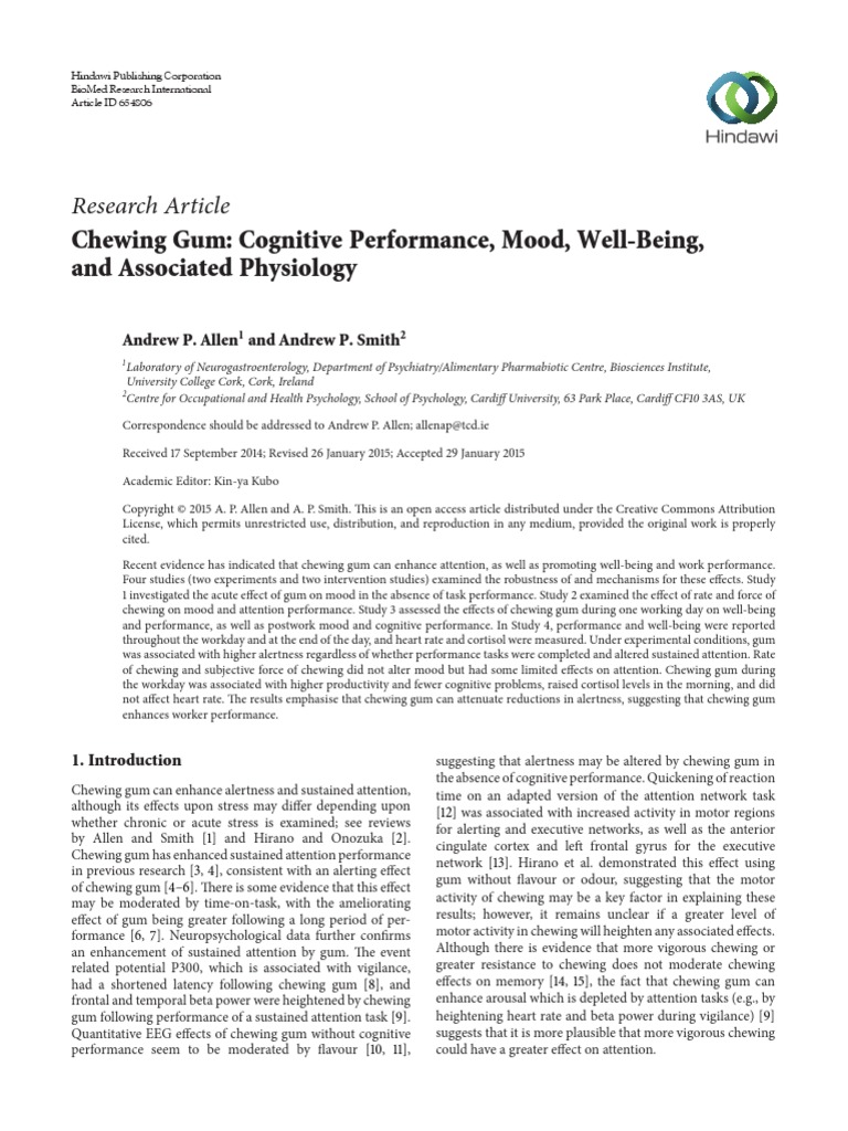 Research Article Chewing Gum Cognitive Performance, Mood, WellBeing, and Associated