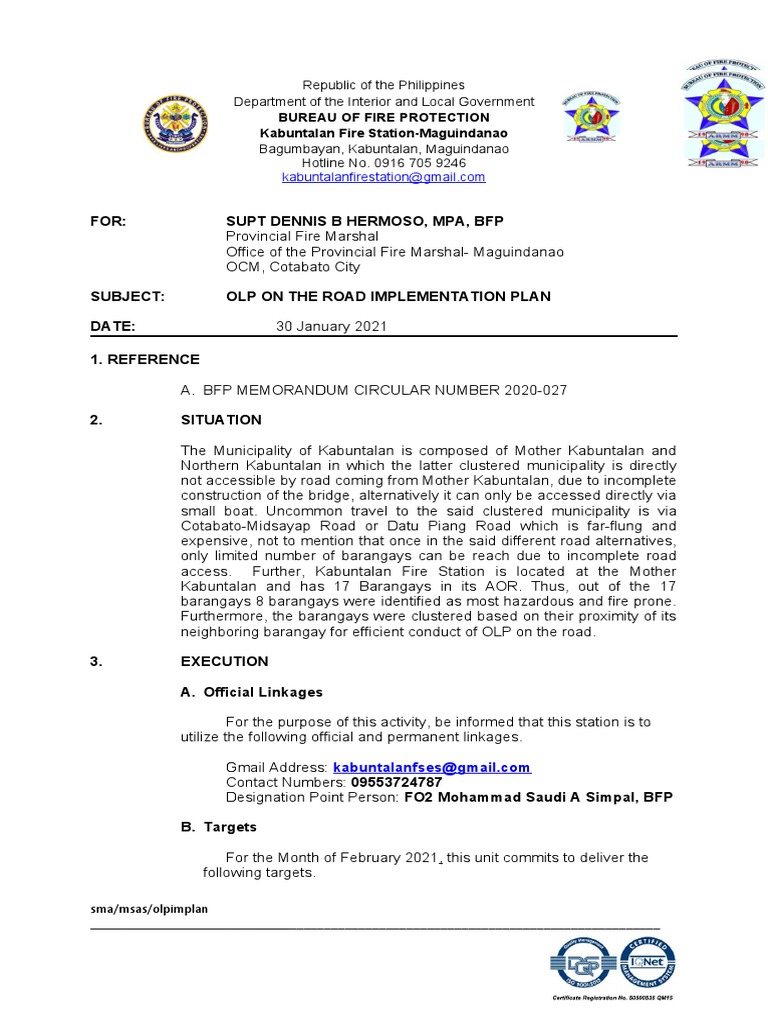 Kabuntalan Fire Station OLP Plan 2021 | PDF | Philippines | Government