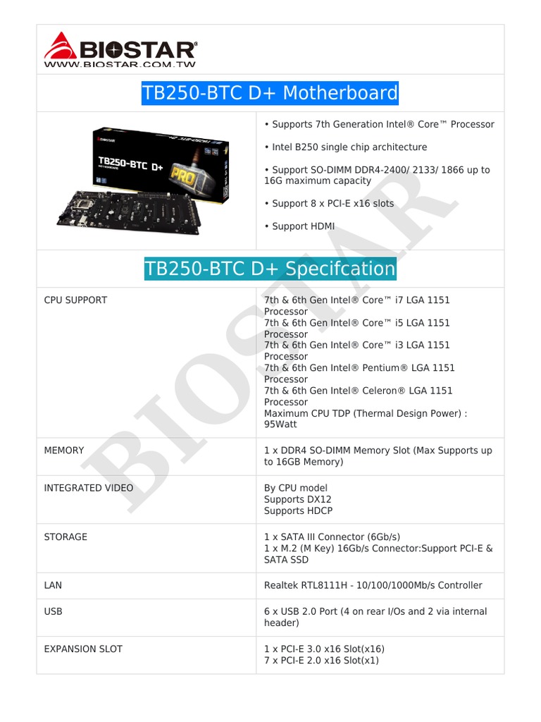 Biostar Tb250-Btc D+ Spec | PDF | Usb | Electrostatic Discharge