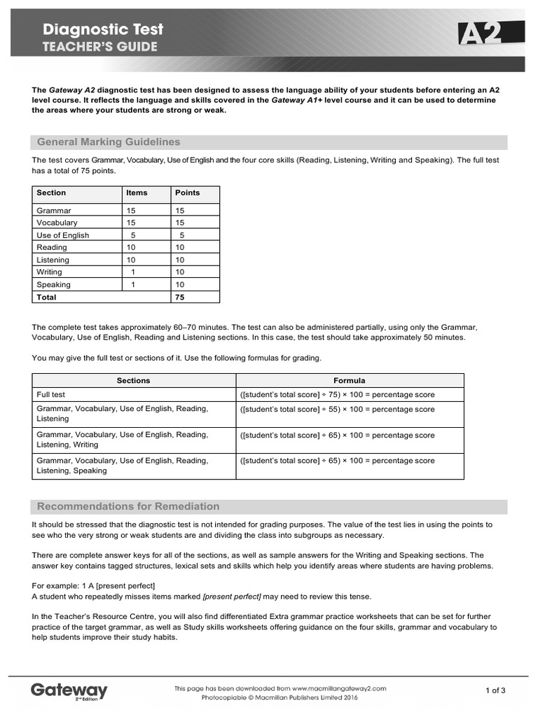 A2 Diagnostic Test Teacher's Guide and Answer Key | PDF | English ...