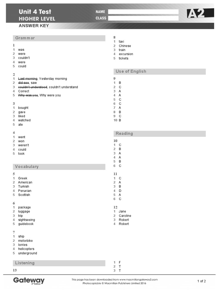 A2 Unit 4 Test Answer Key | PDF | Human Communication | Cognition