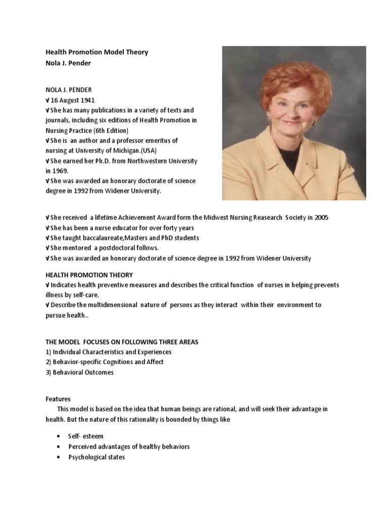 Nola Pender's Health Promotion Model | PDF | Nursing | Behavior