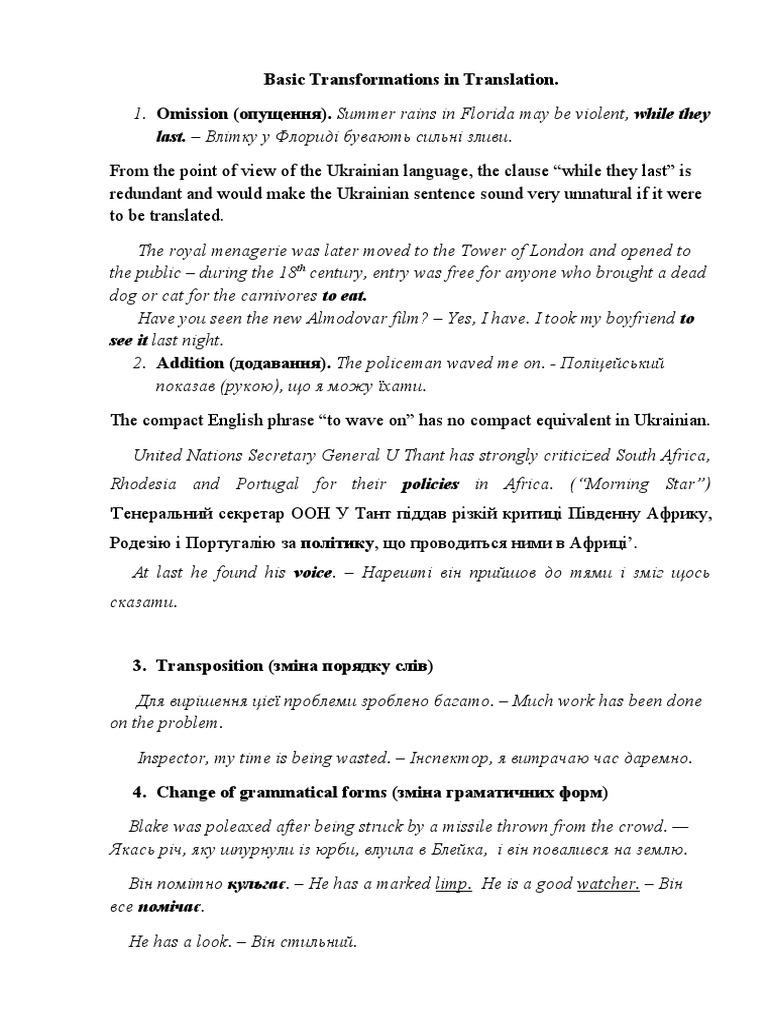 Basic Transformations in Translation S. | PDF