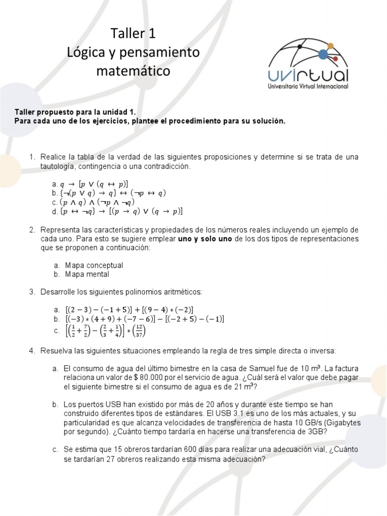 Taller 1 Logica Pensamiento Mat 21 1 Pdf Logica Ensenanza De Matematica