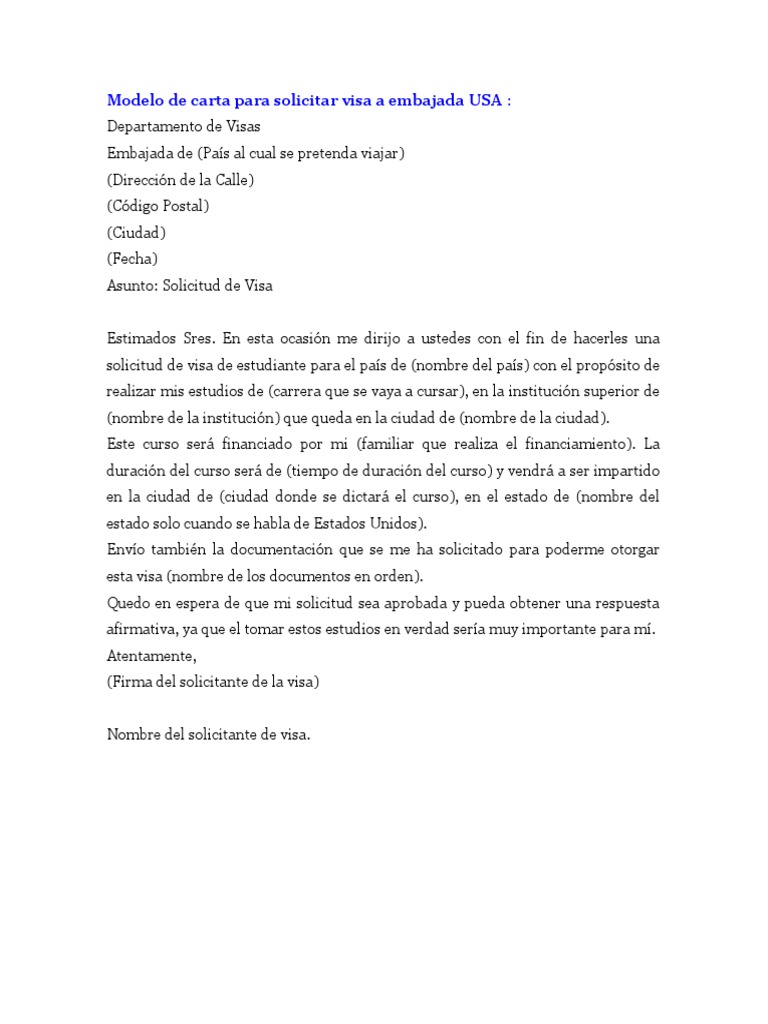 Modelo De Carta Para Solicitar Visa A Embajada Usa Antropologia Educacion Avanzada