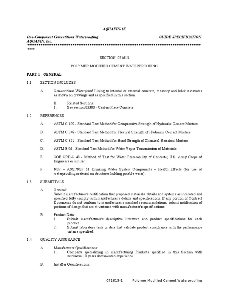 07 16 13 - Polymer Modified Cement Waterproofing | PDF | Concrete ...