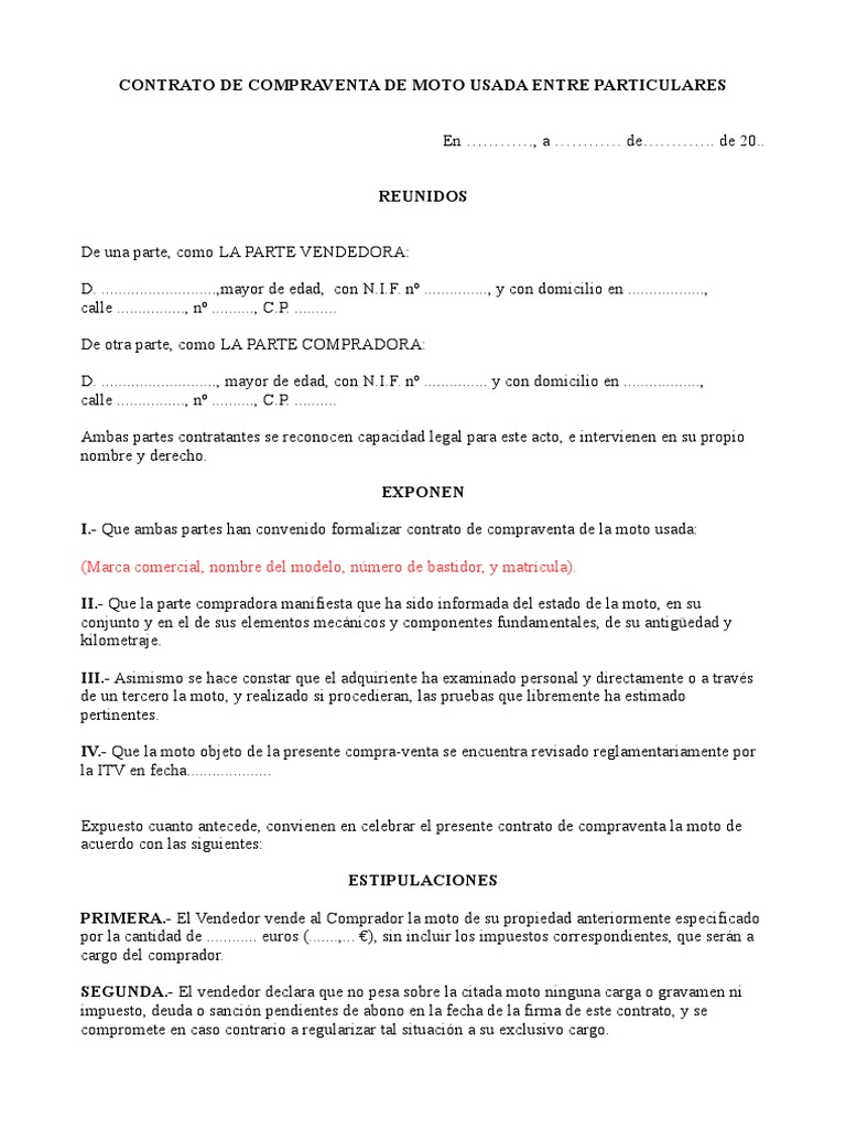 Contrato de Compraventa de Moto Usada | PDF | Ley común | Derecho privado