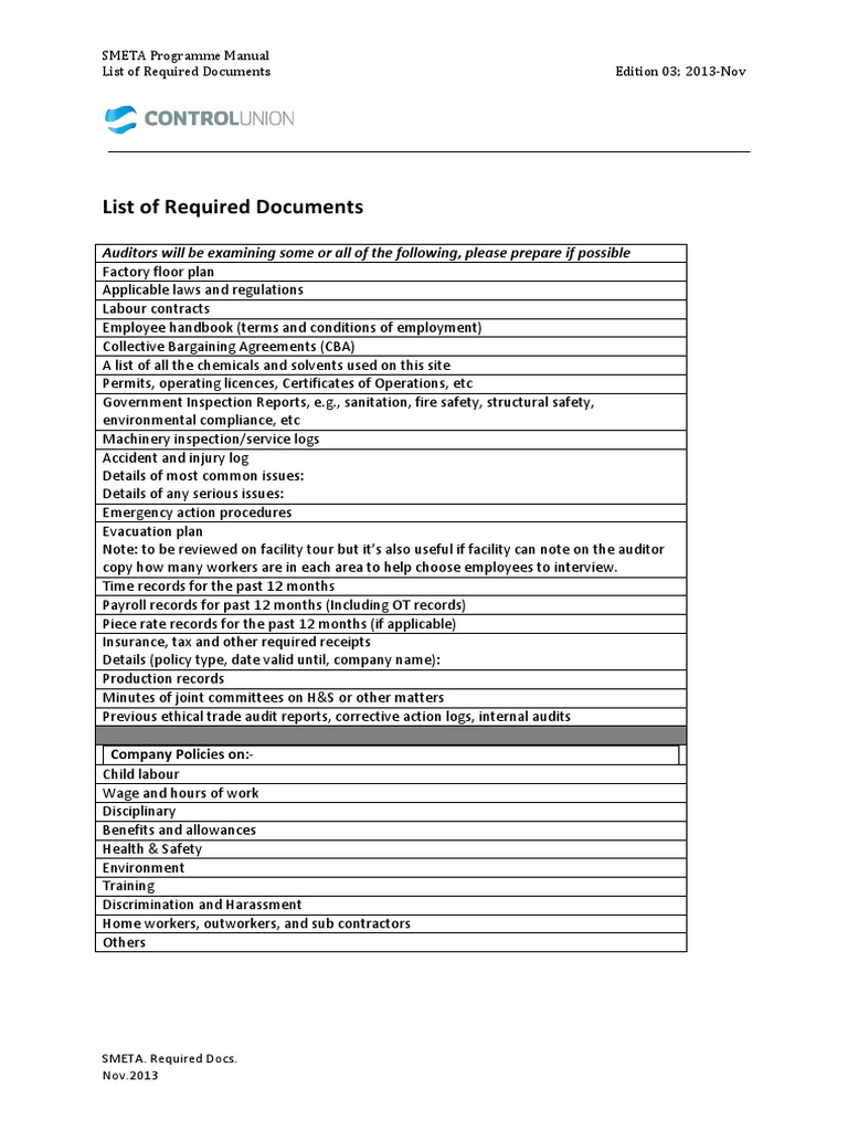 SMETA Required Documents List 2013 | PDF | Employment | Audit