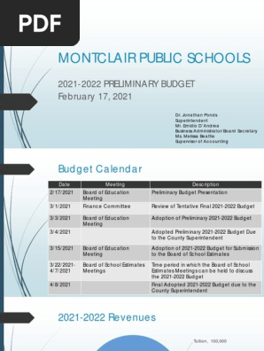 Montclair Public Schools 2021-22 preliminary budget