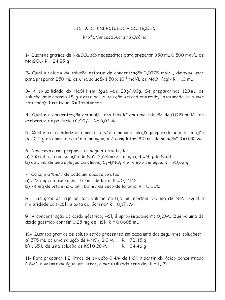 Exercícios de Química: Soluções e Cálculos | PDF | Solução | Concentração