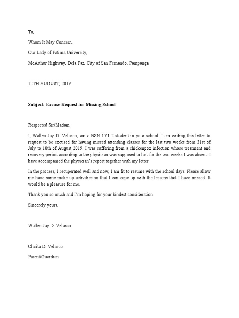 Excuse Letter for School Absence | PDF