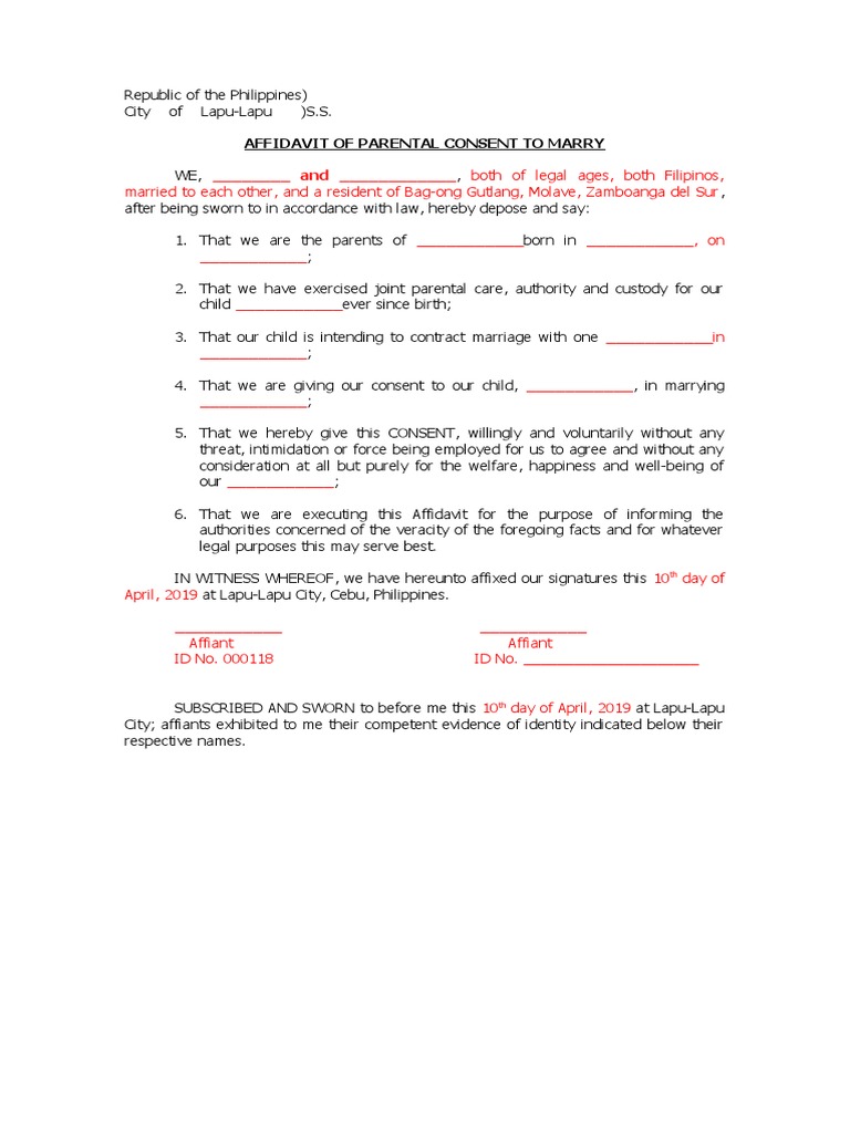 Parental Consent Affidavit for Marriage | PDF | Social Science | Law
