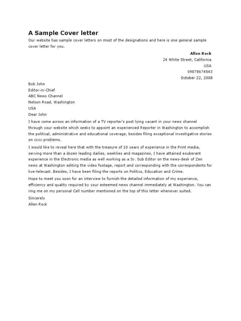 Sample Cover Letter for Reporter Position | PDF