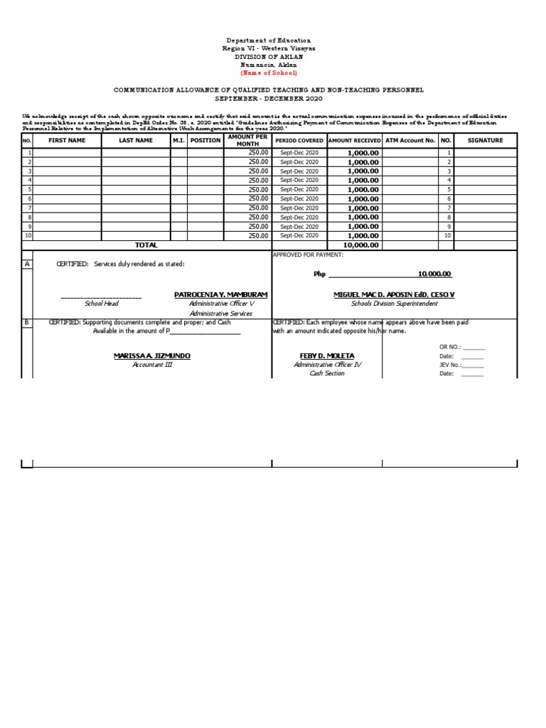 Communication Allowance Payroll Format and Instructions 1 PDF Payments Money