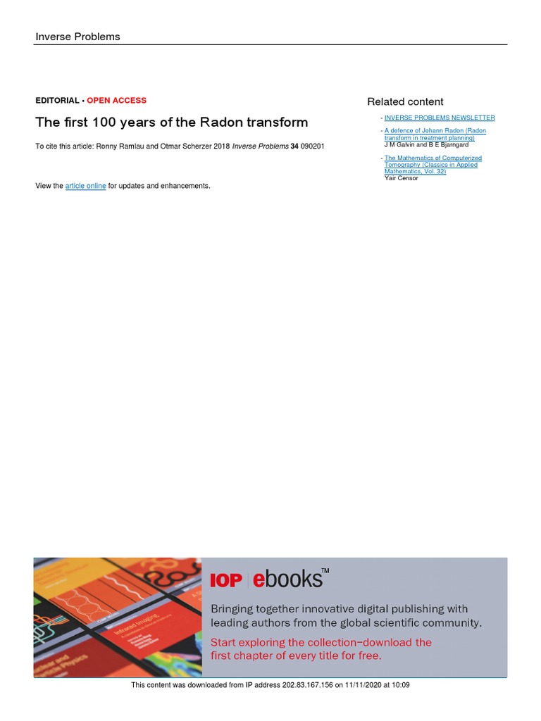 The First 100 Years of The Radon Transform: Inverse Problems | PDF ...