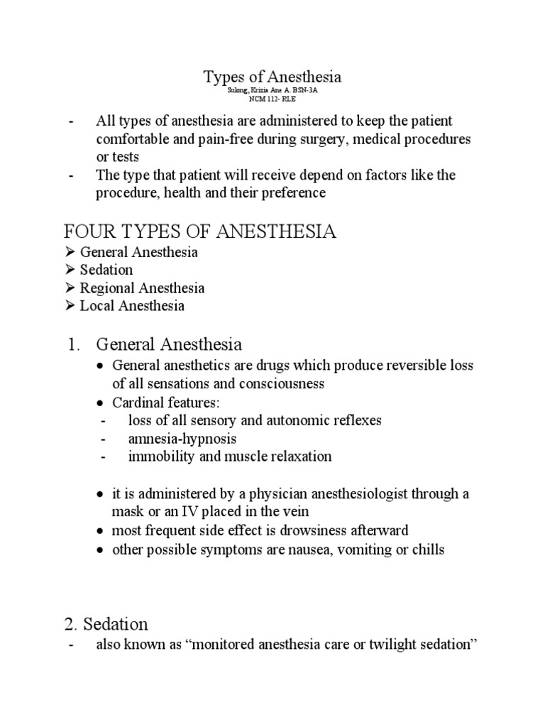 Types Of Anesthesia Pdf Anesthesia Symptoms And Signs General