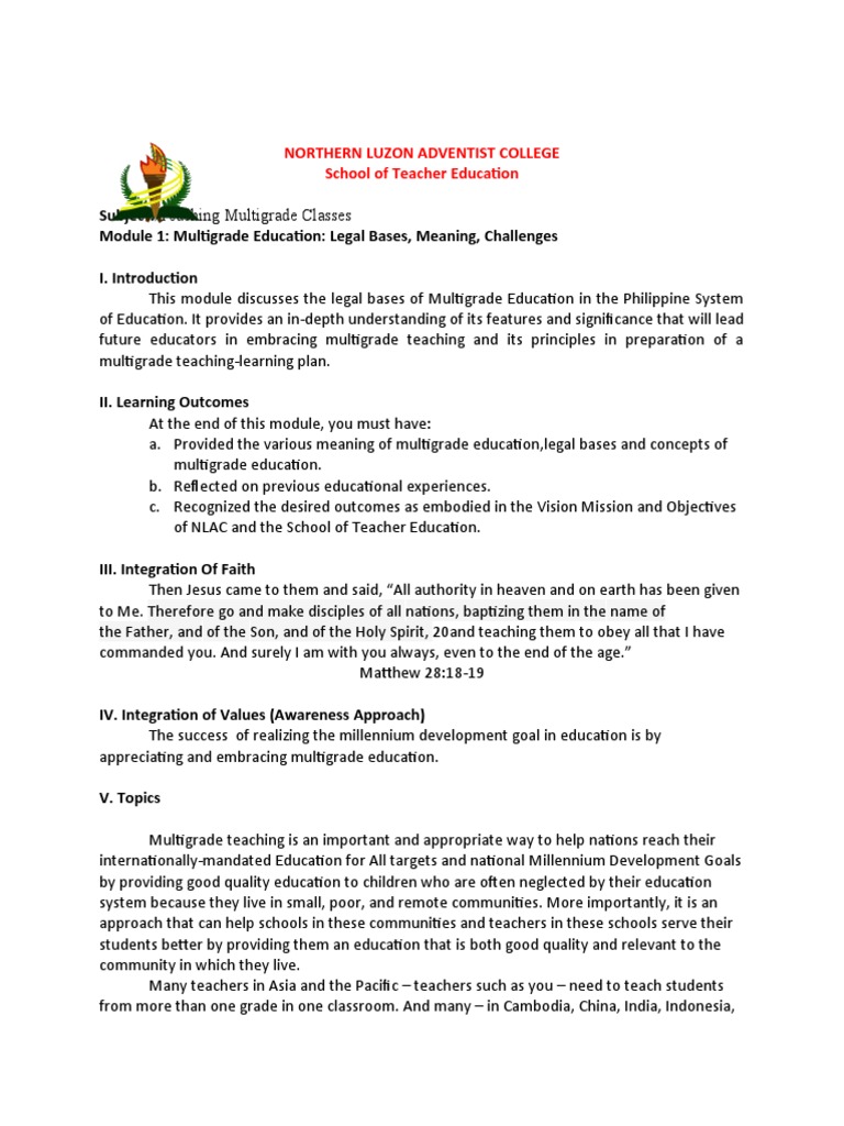 Subject: Teaching Multigrade Classes Module 1: Multigrade Education ...