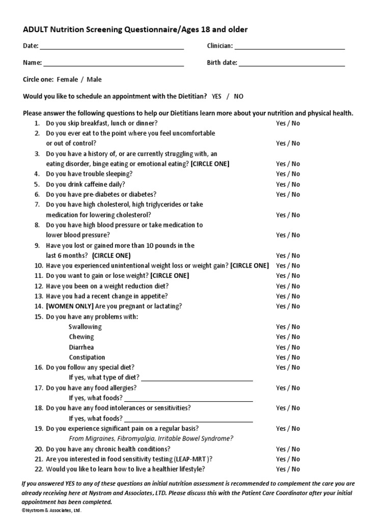 ADULT Nutrition Screening Questionnaire 2 | PDF | Food Intolerance ...