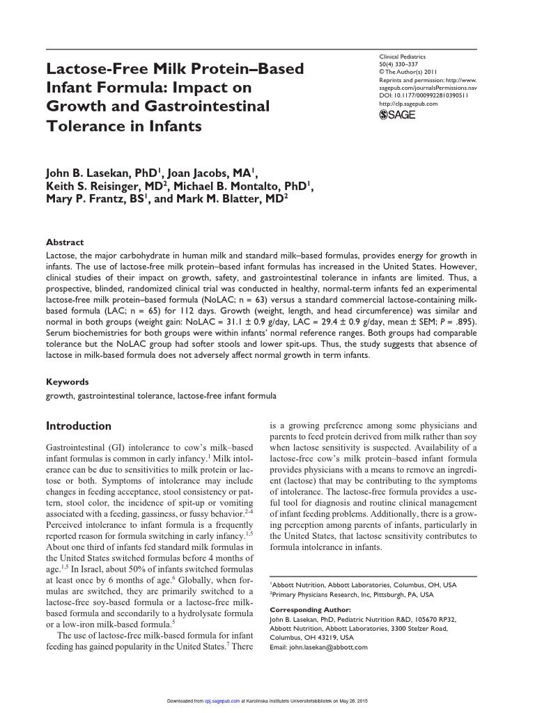 LactoseFree Milk ProteinBased Infant Formula Impact On Growth and Gastrointestinal Tolerance