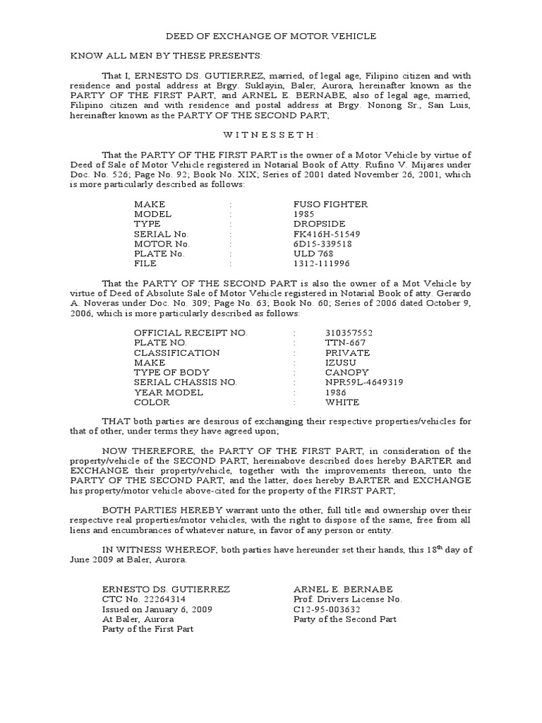 Deed of EXCHANGE of MOTOR VEHICLE PDF Private Law Natural Resources Law